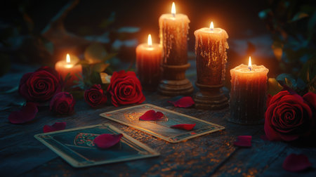 Dimly lit tarot reading scene with glowing candles and scattered roses, evoking a mystical and enchanting ambiance.の素材