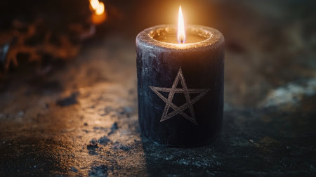 Glowing black candle with a pentagram symbol, its light cutting through the shadows, creating a powerful mystical ambiance.の素材