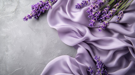 Lavender flowers and smooth silk fabric gracefully spread over a textured gray background, offering a touch of elegance and tranquility.の素材