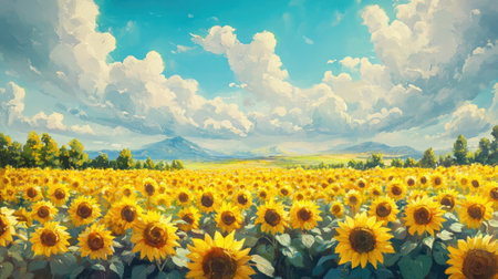 Summer landscape with endless sunflowers, illustrated in a classic oil painting style, evoking warmth and natural beauty.の素材