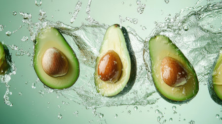 Slices of avocado floating with water splashes around them, set against a mint green background, creating a vibrant and energetic image.の素材
