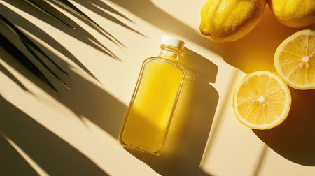 A top-view of a glass bottle with lemon juice, highlighted by sunlight, on a solid background, emphasizing its refreshing and detoxifying properties.の素材