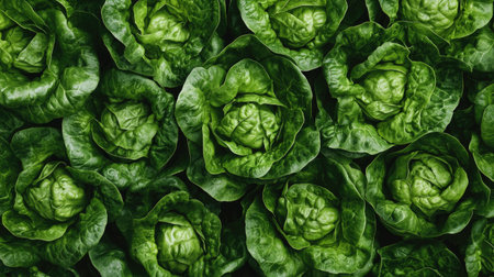 Detailed shot of butterhead lettuce, with its lush green leaves filling the frame, ideal for promoting fresh, organic produce.の素材