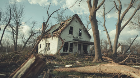A house destroyed by tornado gusts, surrounded by fallen trees, showcasing the catastrophic effects of the storm.の素材