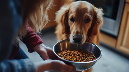 An owner giving their dog a bowl of pellets, capturing a homey scene of feeding a hungry dog in a cozy kitchen environment.の素材