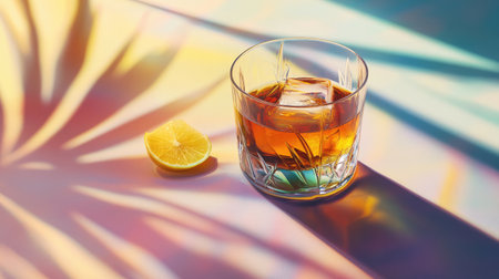 A classic Sazerac cocktail with cognac, bourbon, absinthe, bitters, and lemon zest, served on a pastel background with dramatic light and shadow patterns.の素材