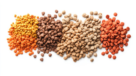 A selection of wet and dry pet foods with balanced nutrients, presented on a white background, ideal for promoting pet health.の素材