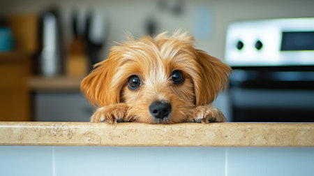A playful puppy with a guilty look, sneaking snacks off the kitchen counter, illustrating its cheeky behavior.の素材