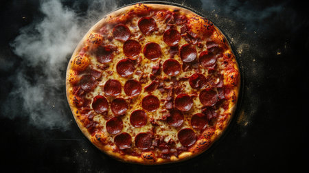 Overhead view of a hot pepperoni pizza with melted cheese and bacon, the steam rising and creating an appetizing composition.の素材