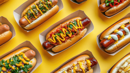 Hot dogs in paper trays placed on a pastel yellow background, showcasing vibrant toppings and sauces.の素材