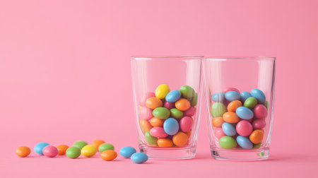 Minimalist glasses filled with colorful candies on a pastel pink background, perfect for party ideas.の素材