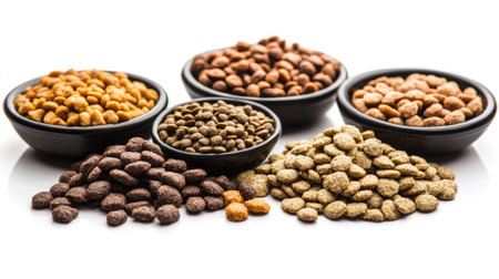 A selection of wet and dry pet foods with balanced nutrients, presented on a white background, ideal for promoting pet health.の素材