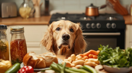 A dog at a kitchen table with a spread of foods including vegetables and bread, highlighting its anticipation for a tasty meal.の素材