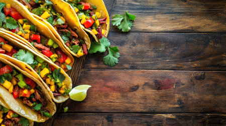 Overhead shot of tacos al pastor with colorful Mexican sauce, arranged on a wooden surface with ample copy area for text.の素材