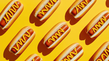 A pattern of hot dogs topped with mustard, arranged artistically on a bright background, emphasizing their classic appeal.の素材