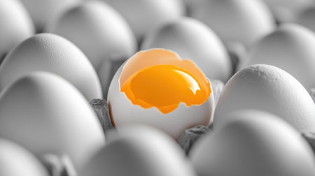 Single broken egg with a vivid yellow yolk standing out among a row of pristine white eggs, softly blurred background.の素材