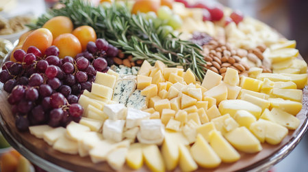 A stylish cheese board arrangement with a mix of cheeses, fruits, and nuts, ideal for a festive and healthy celebration.の素材