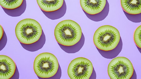 A minimalist flat lay of kiwi slices in a repeating pattern on a pastel lavender background, featuring soft shadows for depth.の素材