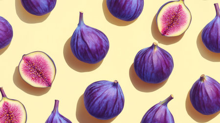 A vibrant fig pattern on a soft yellow background, highlighting the rich purple tones.の素材