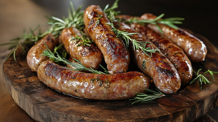 Bavarian sausages roasted to perfection, with sprigs of rosemary, presented on a rustic wooden platter, ideal for a traditional feast.の素材