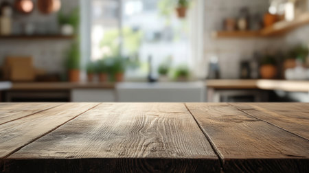 Clear wooden table with a blurred kitchen background, capturing the essence of a cozy home setting for product displays.の素材