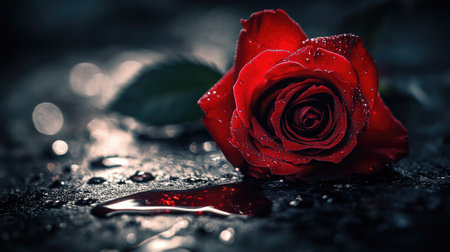 A single red rose with dark blood dripping onto the ground, with light reflecting off the blood, set against a black background with white smog.の素材