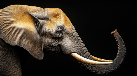 Close-up of an African elephant head, featuring its impressive tusks against a black backdrop, perfect for wildlife and conservation themes.の素材