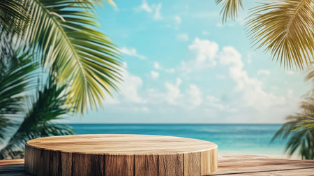 A wooden podium on a palm beach with a vibrant blue sky, perfect for showcasing products in a relaxed, tropical atmosphere.の素材