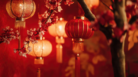 A rich red background adorned with Chinese New Year decorations, including lanterns and symbols of prosperity, creating a festive atmosphere.の素材