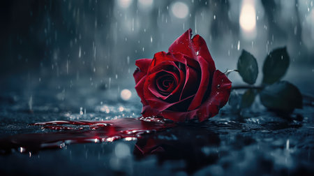 A red rose bleeding onto the ground, light reflecting off the blood, set against a dark background with mystical white smog.の素材