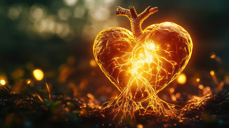 Abstract human heart with glowing roots, symbolizing the intertwined nature of growth, love, and connection in life.の素材
