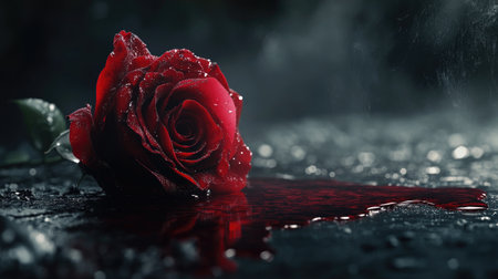 Concentrated red blood dripping from a rose onto the ground, with light reflection and a black background enhanced by white smog.の素材