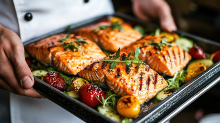 Chef holding a tray of grilled salmon and vegetable salad, captured up close to highlight the delicious and healthy mealの素材