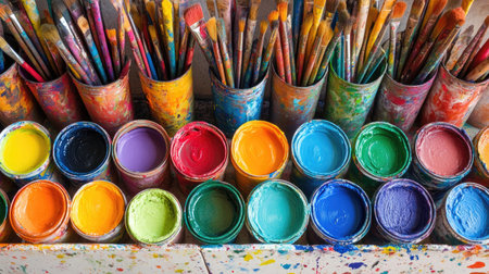 An array of open paint cans in vivid colors, with brushes, capturing the essence of artistic creation and color exploration.の素材