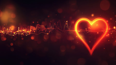 Abstract red and orange glowing heart line on a blurred background, creating a warm and vibrant visual that evokes emotion.の素材