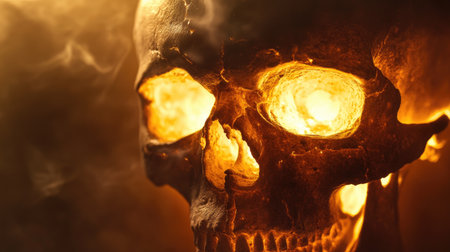 Close-up of a skull with an inner warm glow, creating a captivating image that explores themes of life, death, and light.の素材