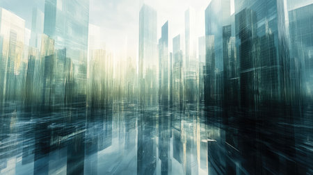 Modern urban landscape with tall buildings and reflective surfaces, creating an abstract, futuristic vision of city architecture.の素材