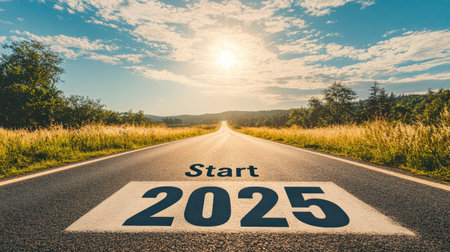 An inspiring road with "Start 2025" written on it, under a bright sun and blue sky, representing new opportunities and goals for the year.の素材