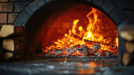 Close-up of a large brick oven with glowing embers, showcasing its warmth and inviting feel, perfect for culinary visuals.の素材