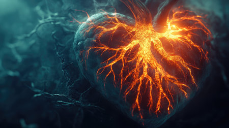 Abstract depiction of a human heart with glowing roots spreading out, symbolizing growth, connection, and vitalityの素材