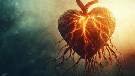 Artistic representation of a human heart with radiant roots, emphasizing the themes of growth and deep connectionsの素材