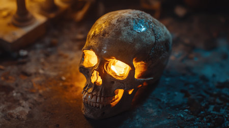 Eerie close-up of a human skull with a warm light glowing from within, creating a mysterious and haunting atmosphere.の素材