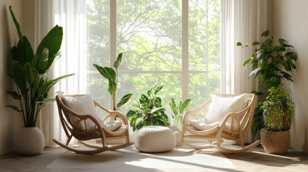 A serene interior with rocking chairs upholstered in knit fabric, complemented by green plants, offering a peaceful retreat.の素材