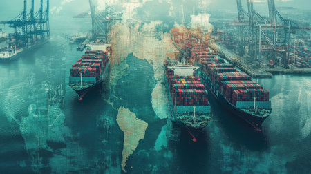 Illustrative scene showing cargo ships at a port with a transparent world map overlay, representing the flow of global tradeの素材