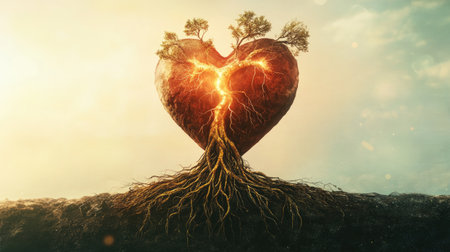 Artistic representation of a human heart with radiant roots, emphasizing the themes of growth and deep connectionsの素材
