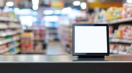 Blank digital display at the checkout counter in a supermarket, with blurred shelves in the background, ideal for retail conceptsの素材