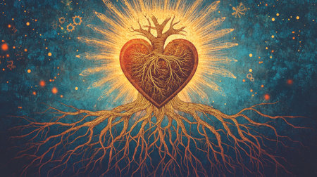 A radiant human heart with roots extending outward, representing deep connections and the essence of life, set in an abstract design.の素材