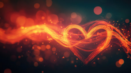 Abstract red and orange glowing heart line on a blurred background, creating a warm and vibrant visual that evokes emotion.の素材
