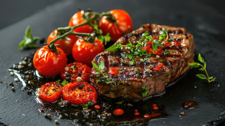 Grilled steak with vibrant tomato sauce and garnishes of herbs, spices on a dark background, ideal for gourmet food photography.の素材