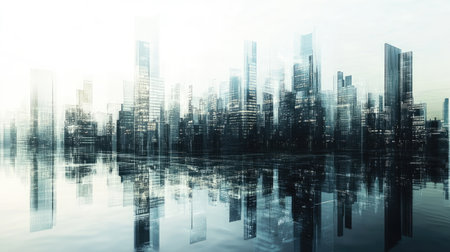 Futuristic city with tall, reflective buildings, rendered in an abstract form to emphasize urban growth and architectural innovation.の素材